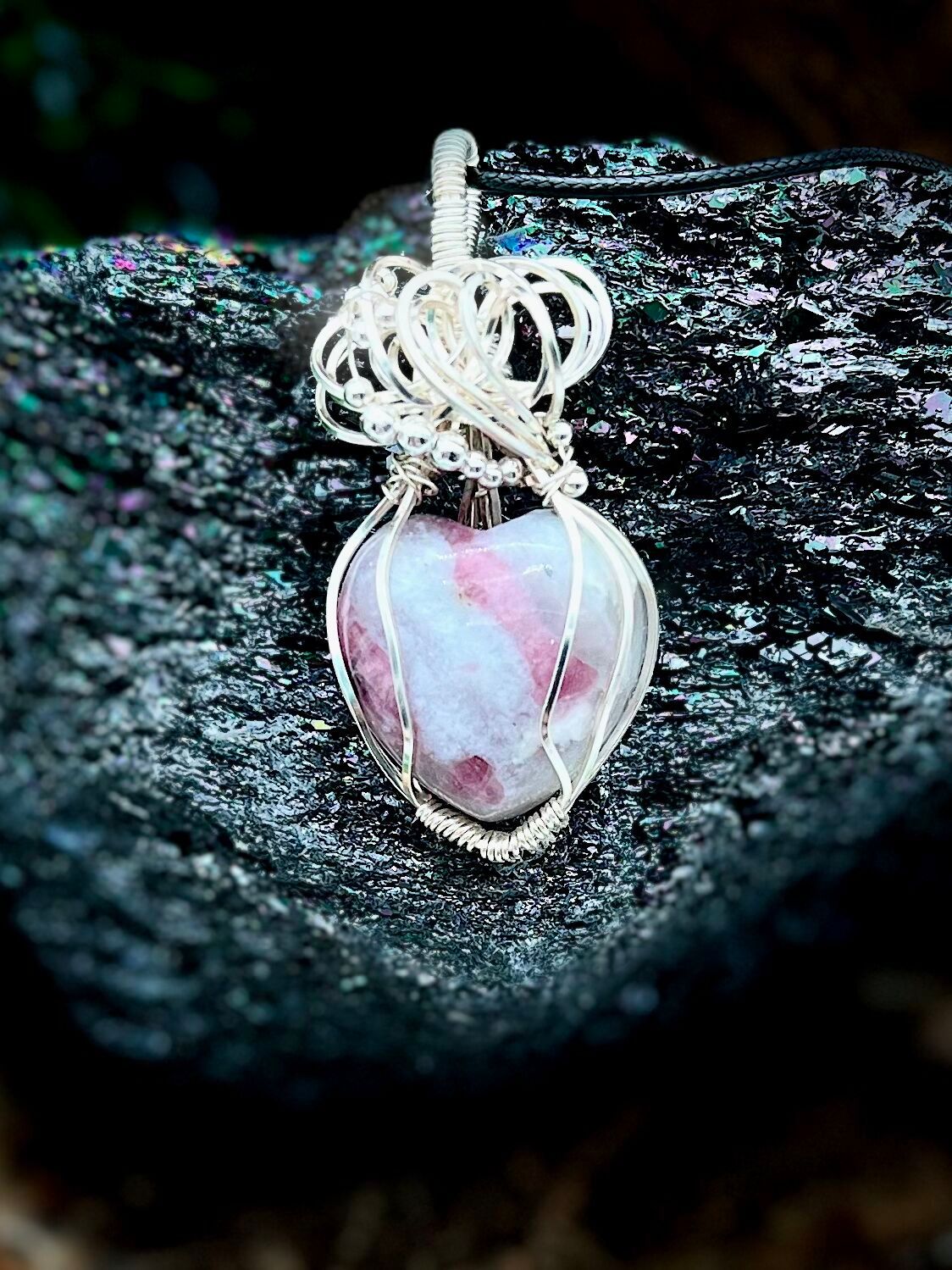 Plum Tourmaline Heart Wrapped Pendant in Silver Copper