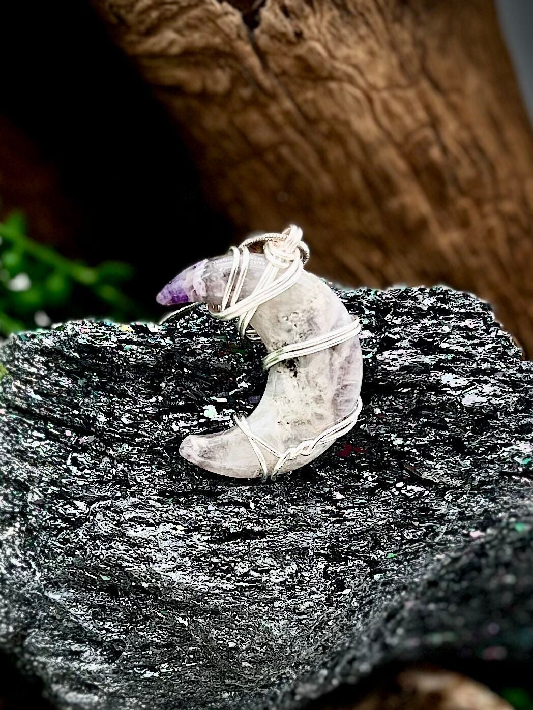 Dream Amethyst Moon in Silver Copper Wire Wrapped Pendant