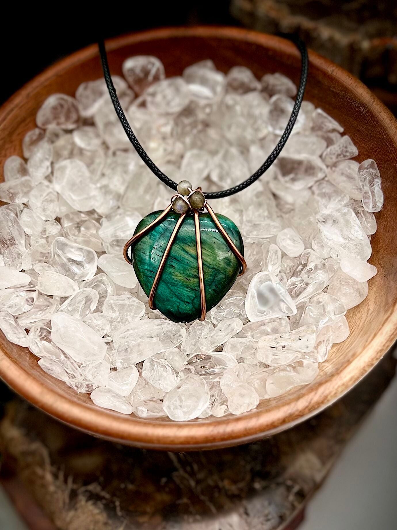 Green Dyed Tiger Eye Heart Wire Wrapped Pendant in Antique Copper