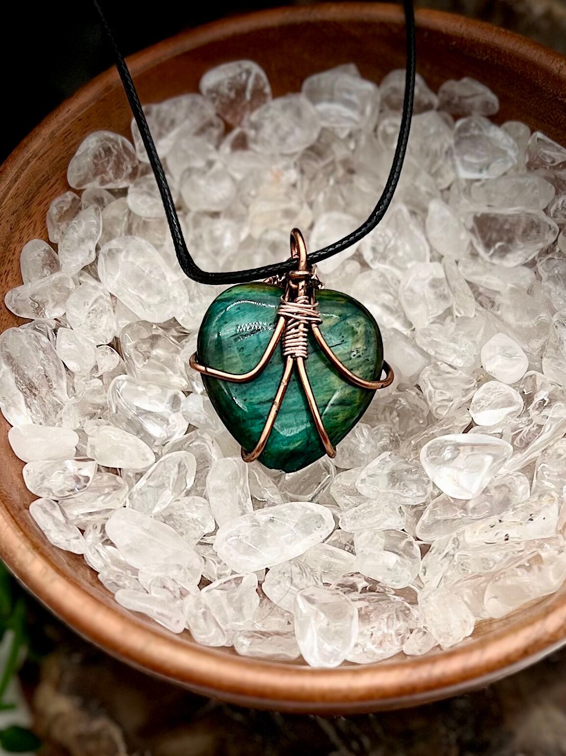 Green Dyed Tiger Eye Heart Wire Wrapped Pendant in Antique Copper