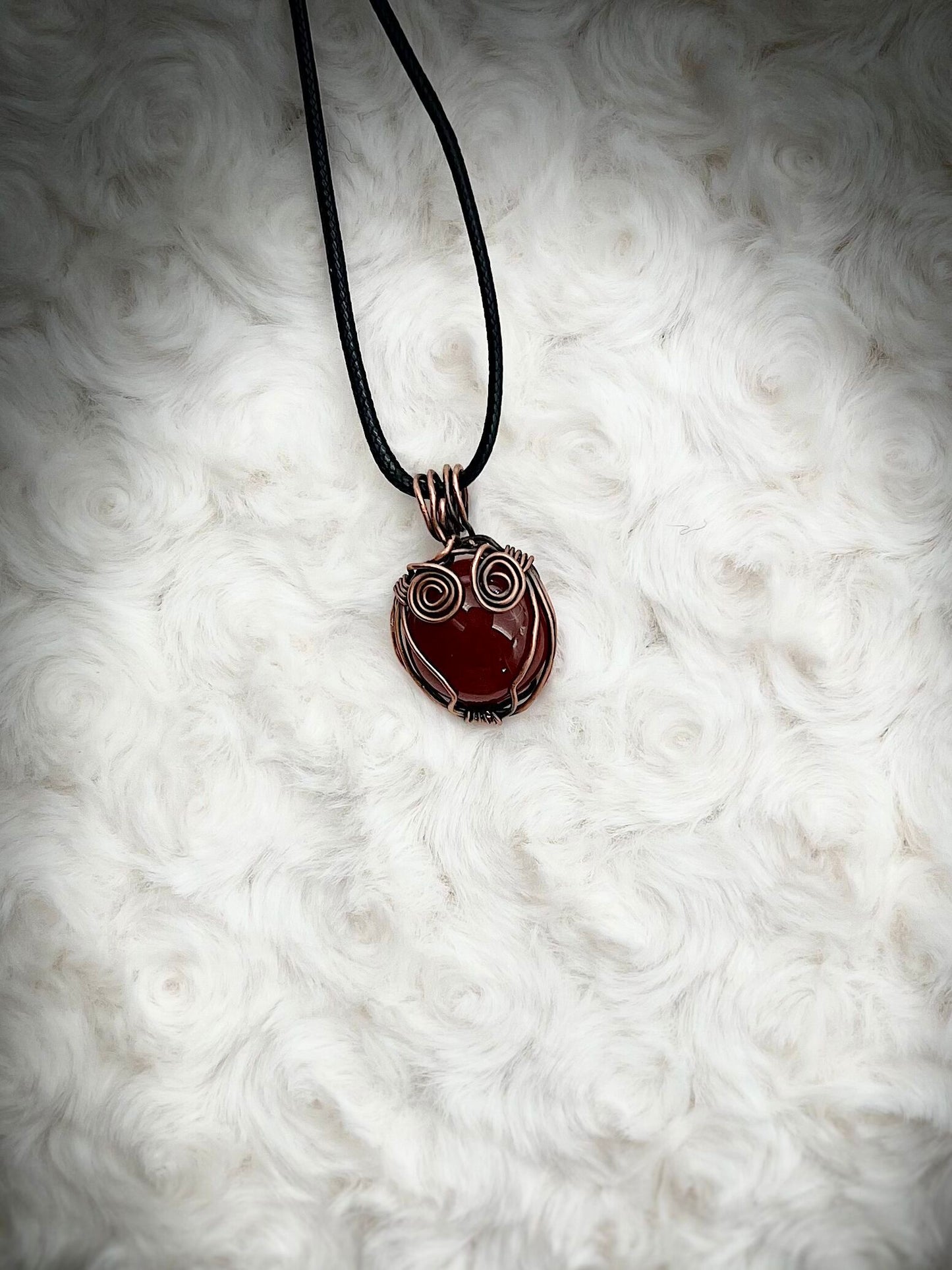 Carnelian Owl Pendant in Antique Copper