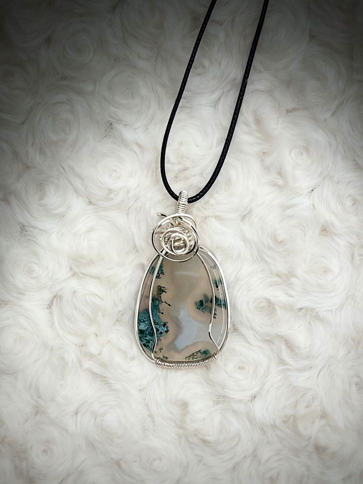 Moss Agate Pendant in Silver Copper Wire