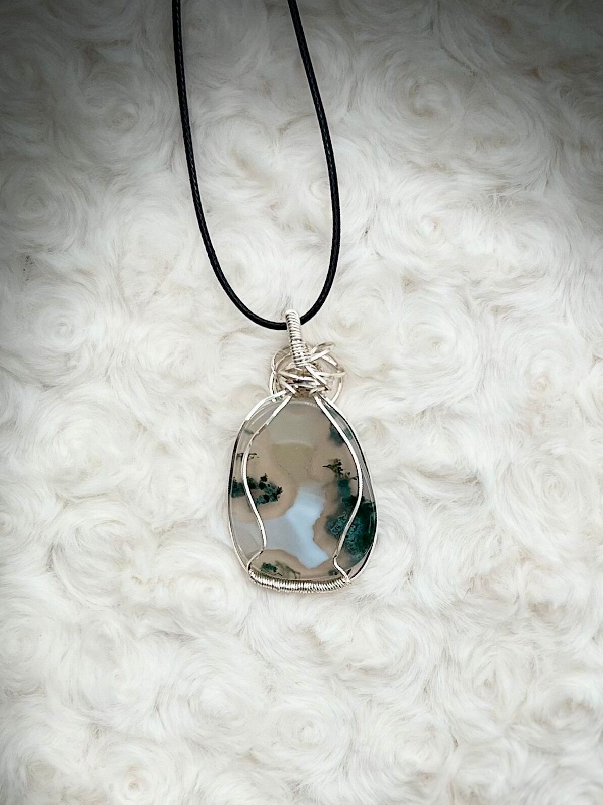 Moss Agate Pendant in Silver Copper Wire