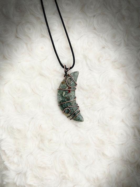 African Bloodstone Cresent Moon Pendant in Antique Copper