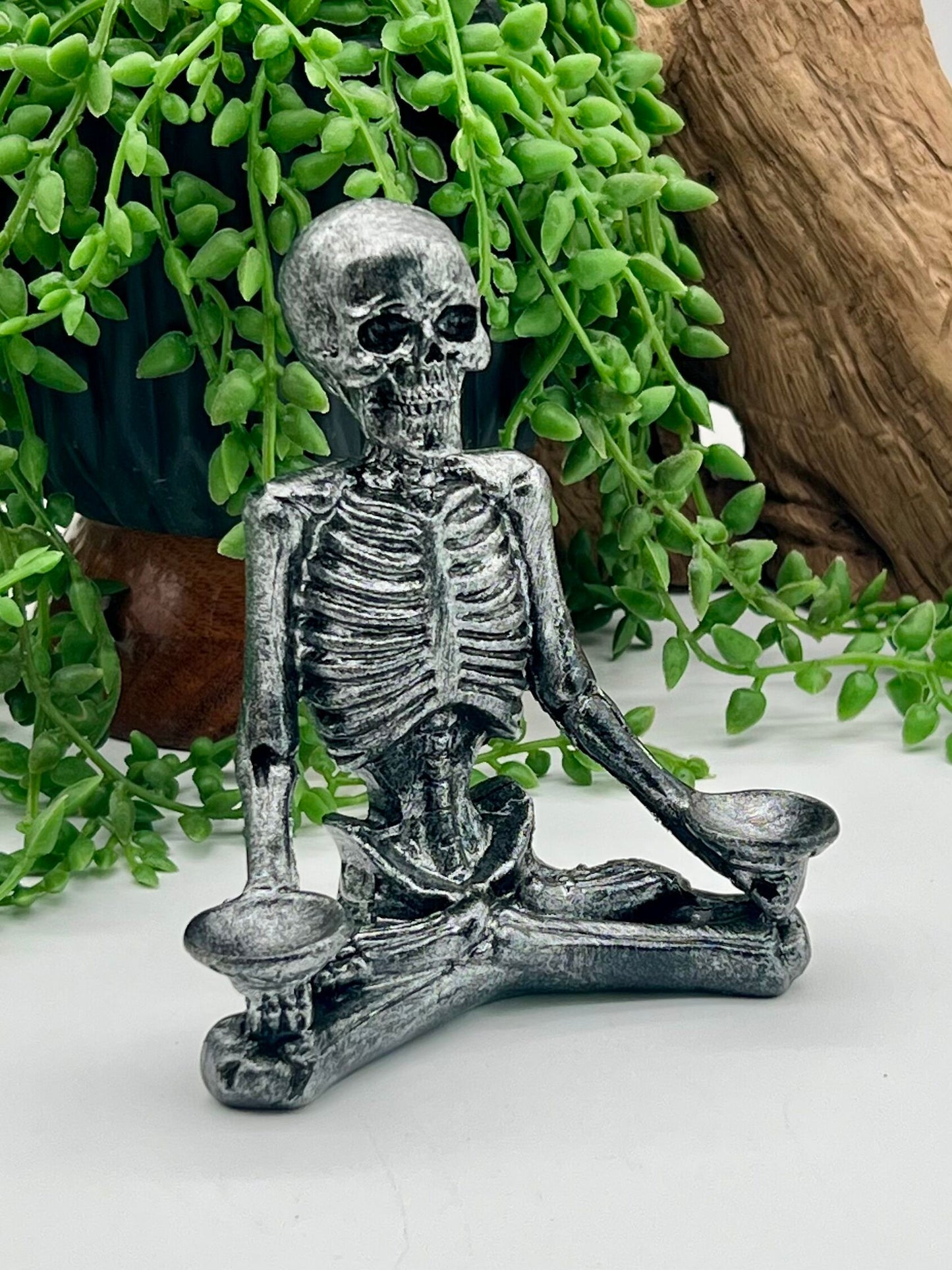 Sitting Skeleton Resin Double Sphere Stand