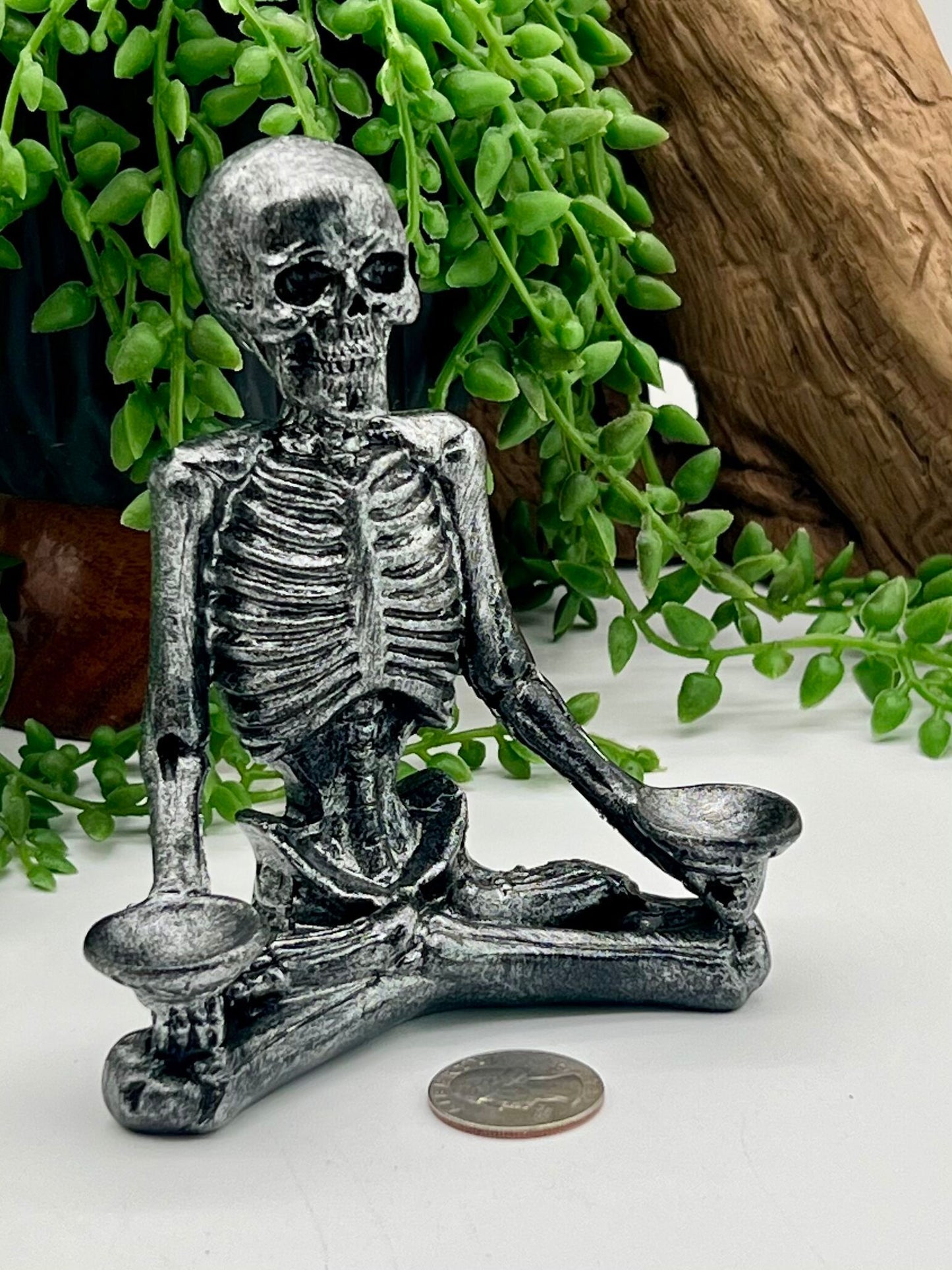 Sitting Skeleton Resin Double Sphere Stand