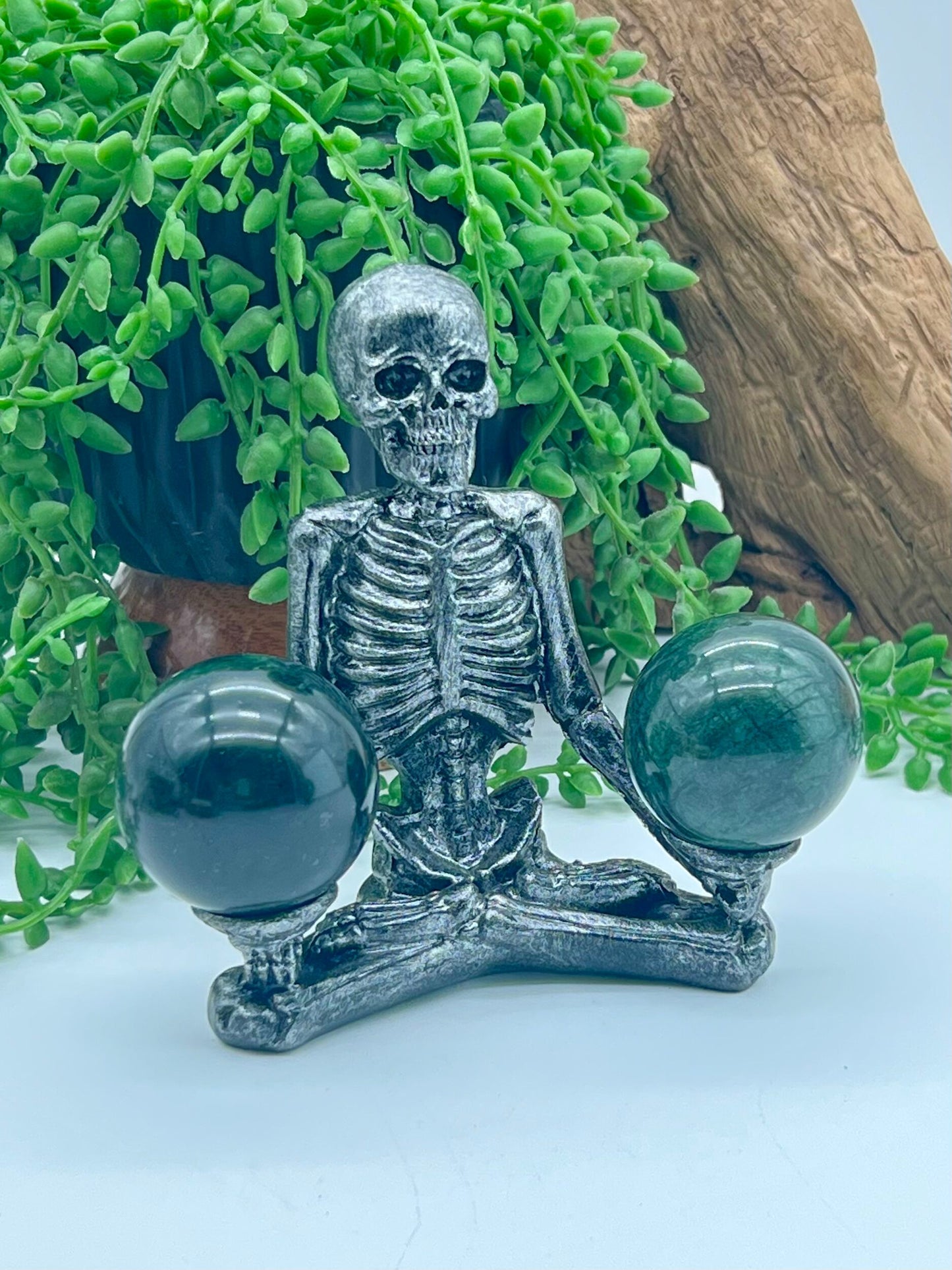 Sitting Skeleton Resin Double Sphere Stand