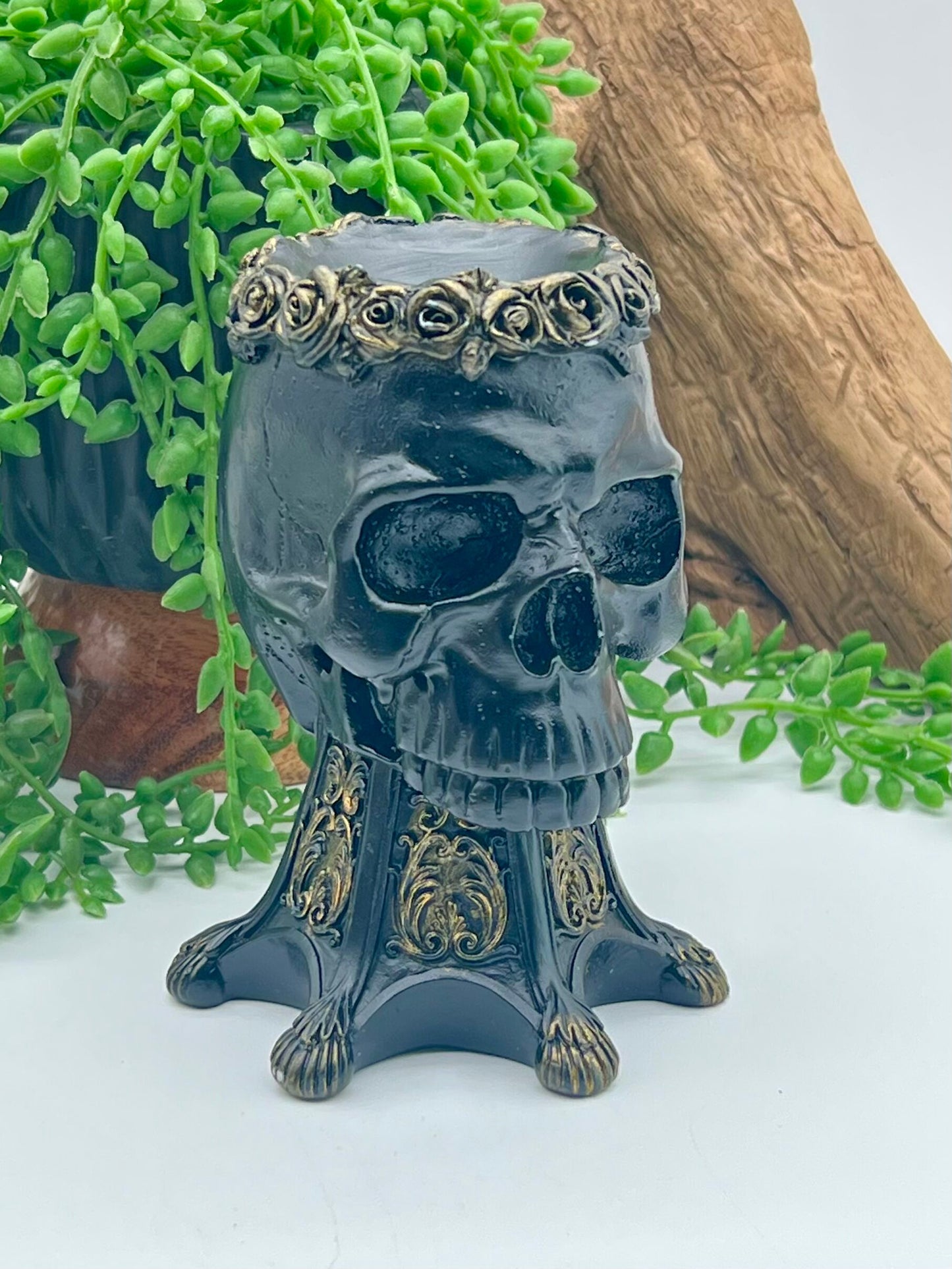 Black and Gold Resin Human Skull Sphere Stand