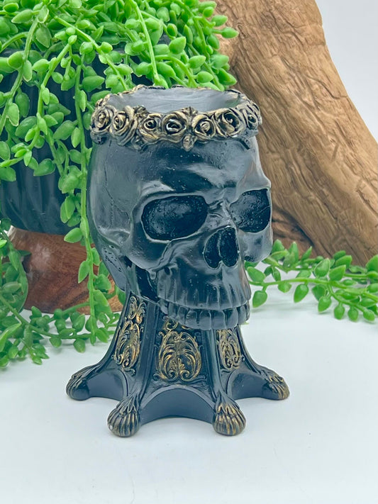 Black and Gold Resin Human Skull Sphere Stand