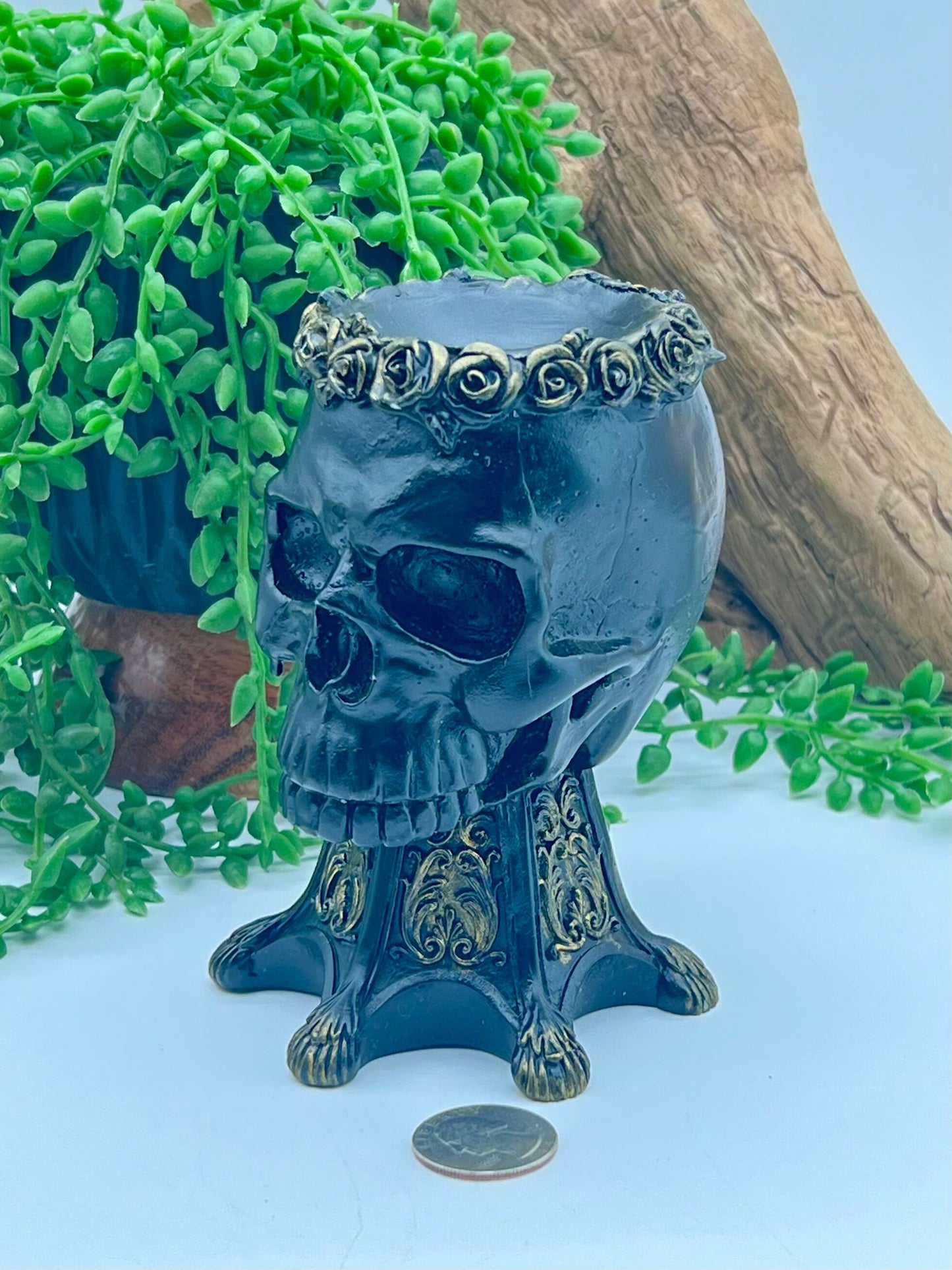 Black and Gold Resin Human Skull Sphere Stand