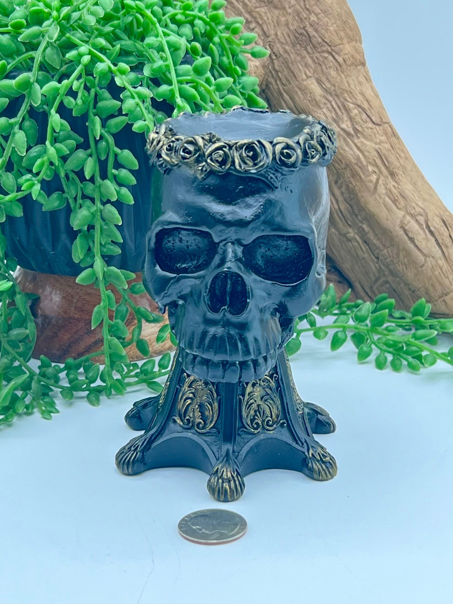 Black and Gold Resin Human Skull Sphere Stand