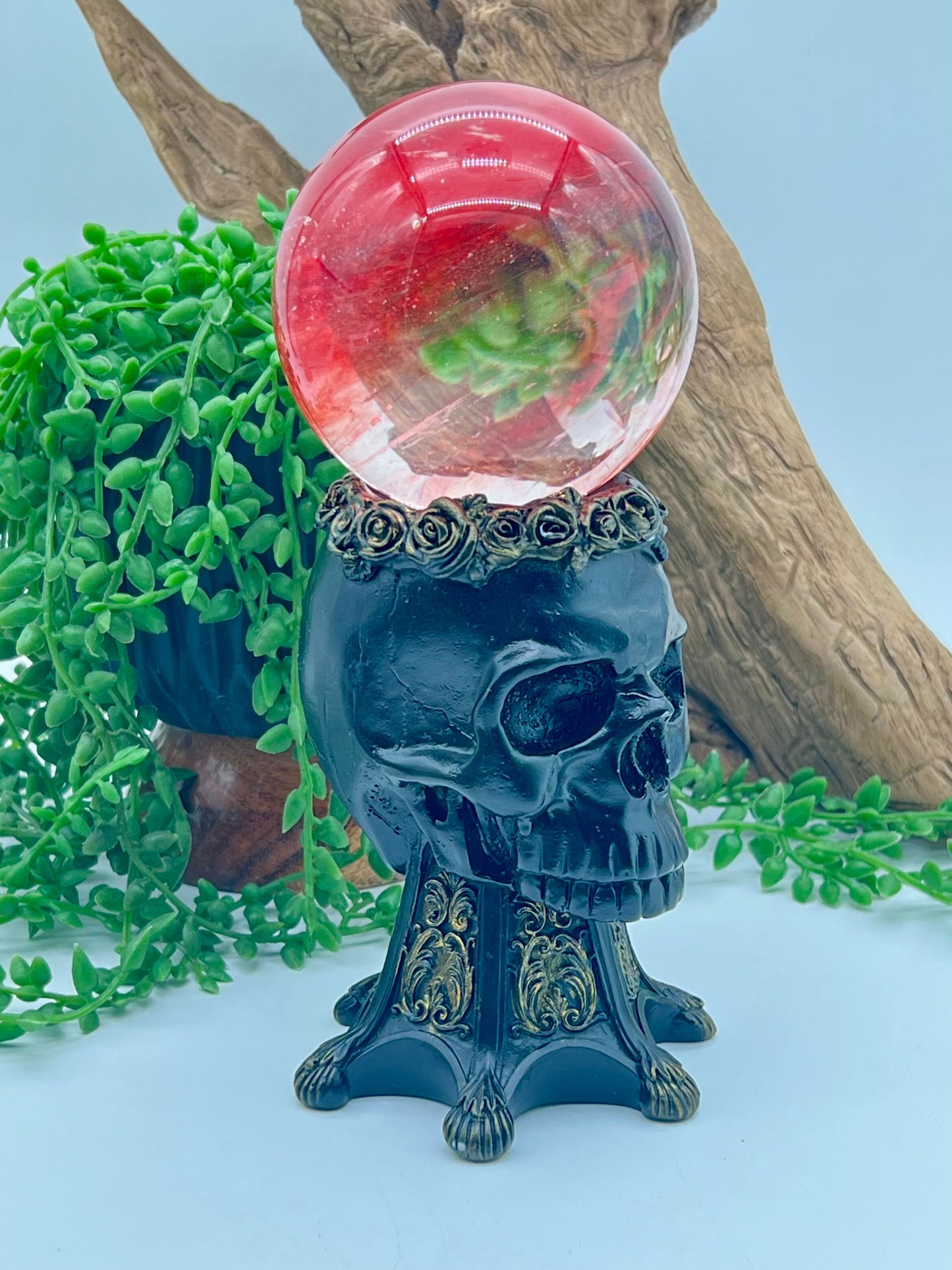 Black and Gold Resin Human Skull Sphere Stand